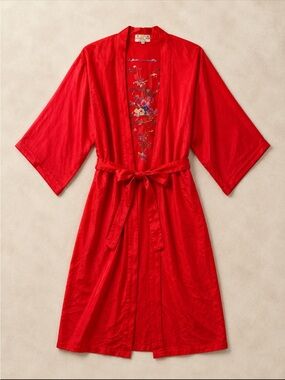 Vintage Golden Bee Red Satin Embroidered Chinese Kimono Robe Medium